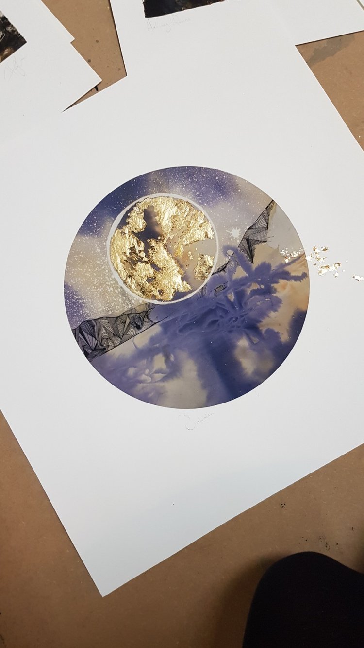 Sabaism | The worship of stars| A circular window on a celestial, meditative landscape. | Hand embellished print. | By Hannah Pugh