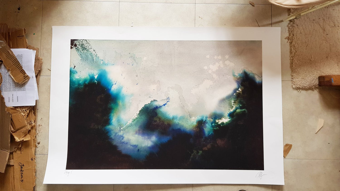 'Tangaroa' | The energy of Tangaroa is barely contained within the saturated turquoise, cyan, and teal hues resonating across the horizon. | Truly unique, hand embellished fine art print | By Hannah Pugh