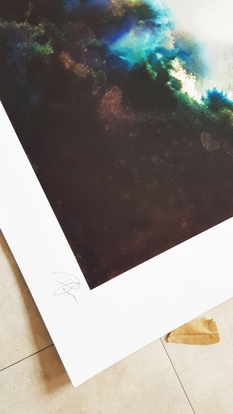 'Tangaroa' | The energy of Tangaroa is barely contained within the saturated turquoise, cyan, and teal hues resonating across the horizon. | Truly unique, hand embellished fine art print | By Hannah Pugh