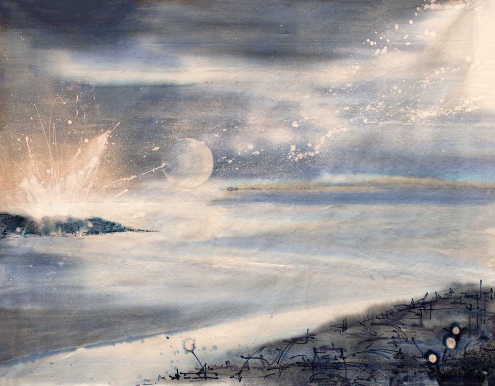 Water | A serene moon floats over the luminescent horizon of Elsewhere | Hand embellished print with silver marble leaf | By Hannah Pugh