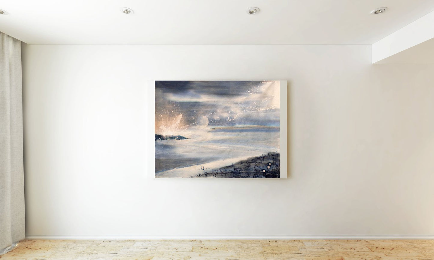 Water | A serene moon floats over the luminescent horizon of Elsewhere | Hand embellished print with silver marble leaf | By Hannah Pugh