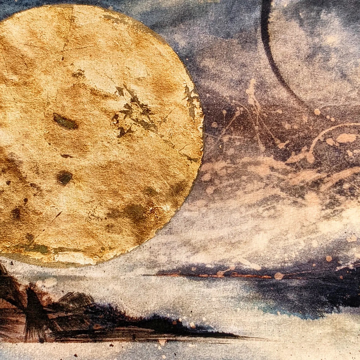 Earth | The sun sets behind an earthly rock formation jutting form the ocean under a kaleidoscopic celestial sky | Hand embellished Print | By Hannah Pugh