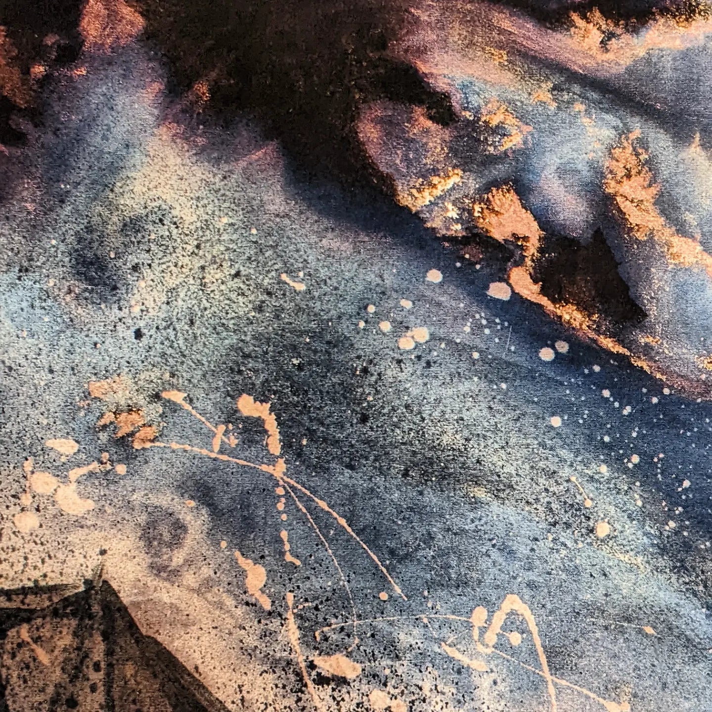 Earth | The sun sets behind an earthly rock formation jutting form the ocean under a kaleidoscopic celestial sky | Hand embellished Print | By Hannah Pugh