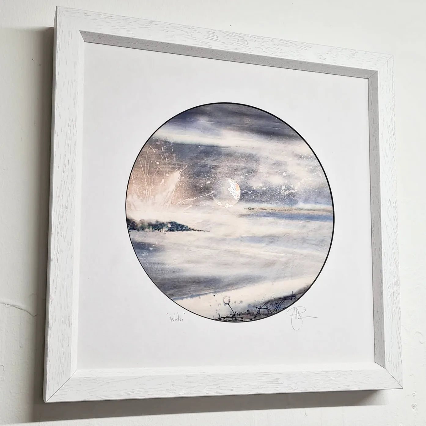 Water | A serene moon floats over the luminescent horizon of Elsewhere | Hand embellished print with silver marble leaf | By Hannah Pugh