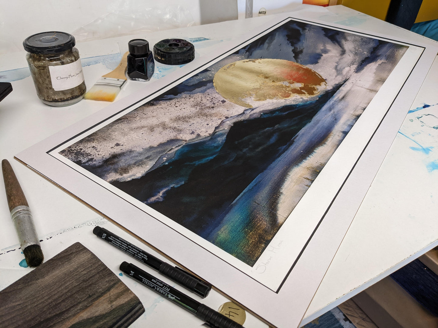 Storm Moon Print | Hand embellished Dramatic Full Moon Landscape | By Hannah Pugh