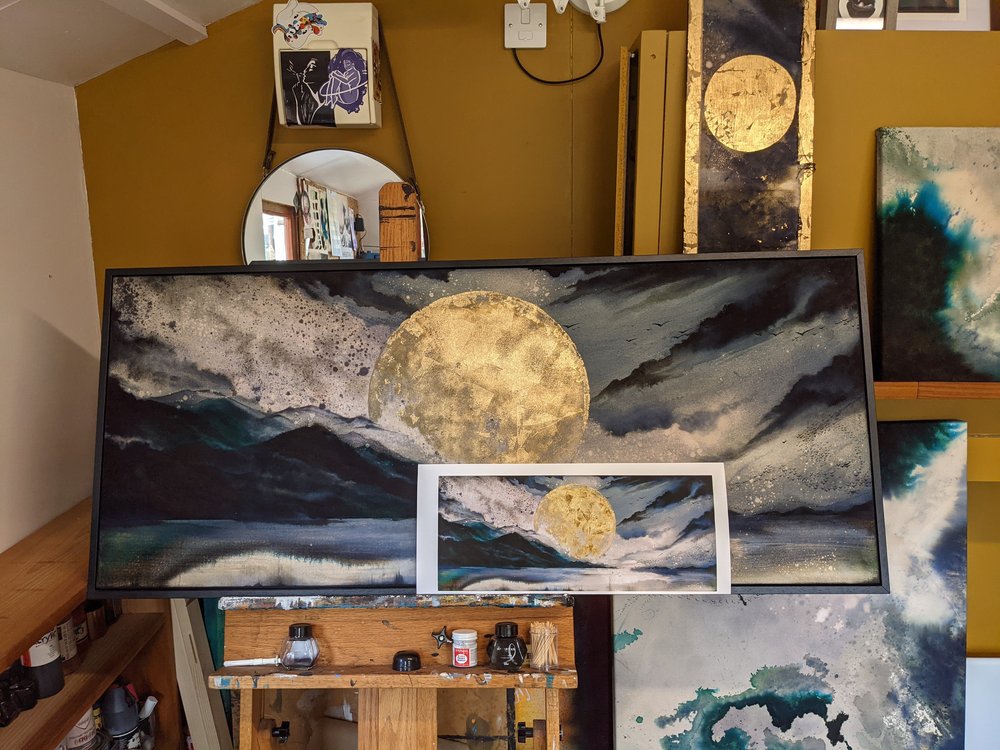 Storm Moon Print | Hand embellished Dramatic Full Moon Landscape | By Hannah Pugh