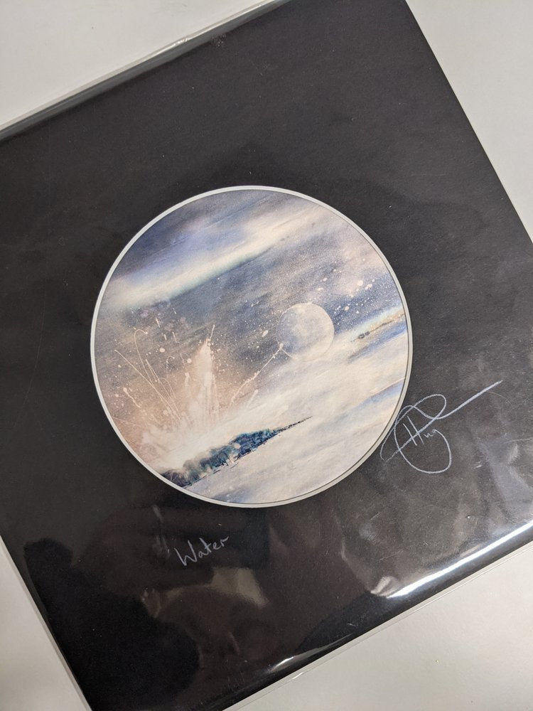 Water | A serene moon floats over the luminescent horizon of Elsewhere | Hand embellished print with silver marble leaf | By Hannah Pugh