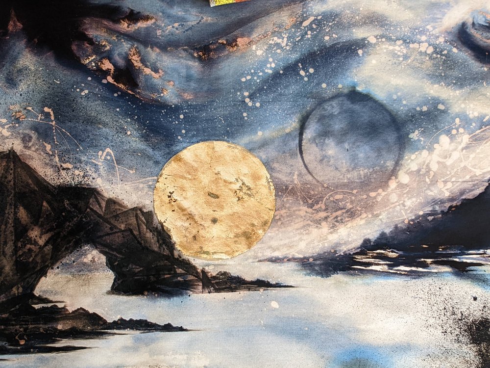 Earth | The sun sets behind an earthly rock formation jutting form the ocean under a kaleidoscopic celestial sky | Hand embellished Print | By Hannah Pugh