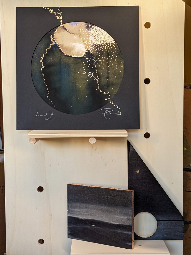 Liminal II | A celestial study on dark & light, an abstract painting questioning awe & wonder | Hand embellished circular print with embellished mount | By Hannah Pugh