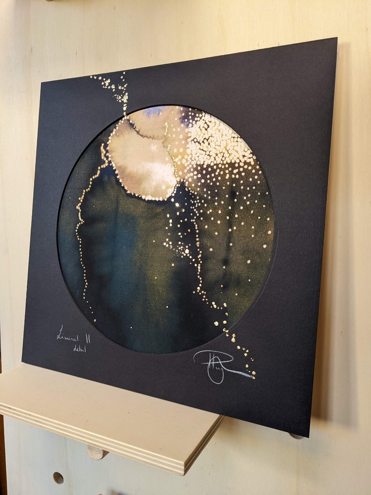 Liminal II | A celestial study on dark & light, an abstract painting questioning awe & wonder | Hand embellished circular print with embellished mount | By Hannah Pugh