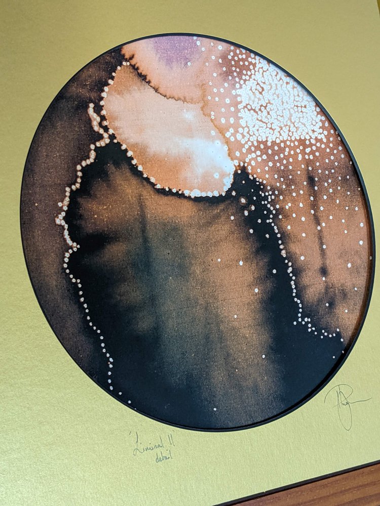 Liminal II | A celestial study on dark & light, an abstract painting questioning awe & wonder | Hand embellished circular print with embellished mount | By Hannah Pugh
