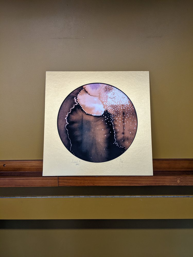 Liminal II | A celestial study on dark & light, an abstract painting questioning awe & wonder | Hand embellished circular print with embellished mount | By Hannah Pugh