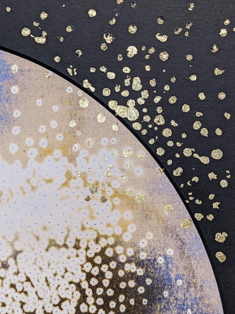 Liminal II | A celestial study on dark & light, an abstract painting questioning awe & wonder | Hand embellished circular print with embellished mount | By Hannah Pugh