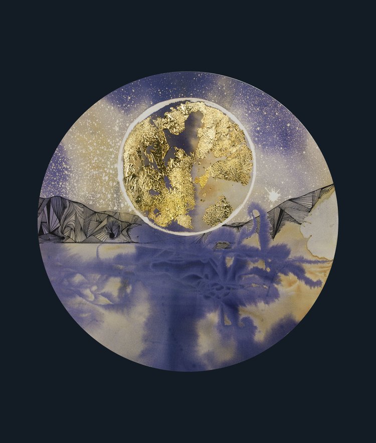 Sabaism | The worship of stars| A circular window on a celestial, meditative landscape. | Hand embellished print. | By Hannah Pugh