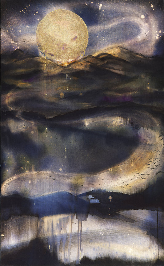 Stay Home Moon hand embellished print | Ethereal abstract evening landscape | By Hannah Pugh