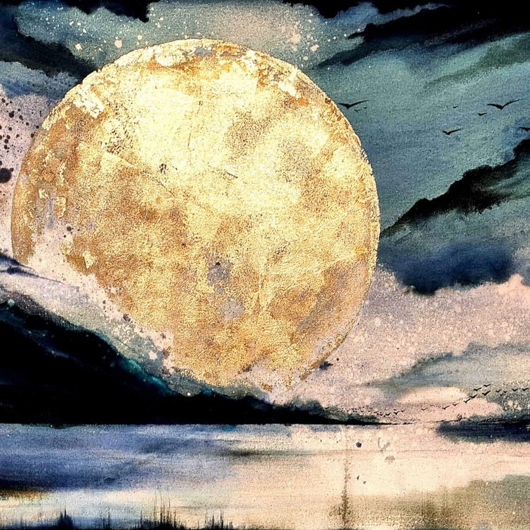 Storm Moon Print | Hand embellished Dramatic Full Moon Landscape | By Hannah Pugh