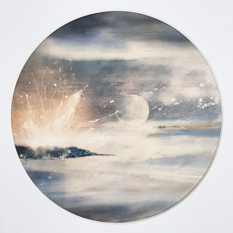 Water | A serene moon floats over the luminescent horizon of Elsewhere | Hand embellished print with silver marble leaf | By Hannah Pugh