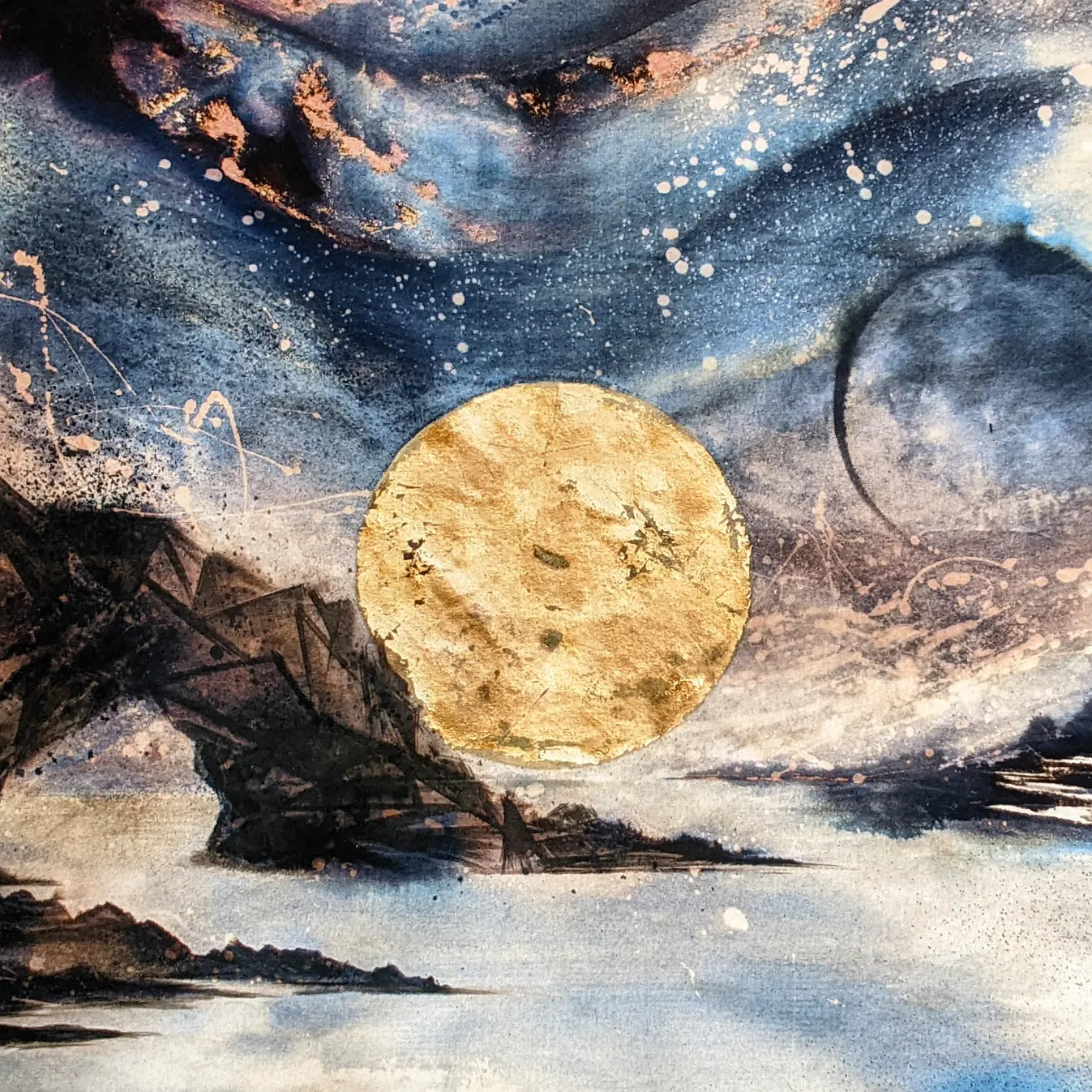 Earth | The sun sets behind an earthly rock formation jutting form the ocean under a kaleidoscopic celestial sky | Hand embellished Print | By Hannah Pugh