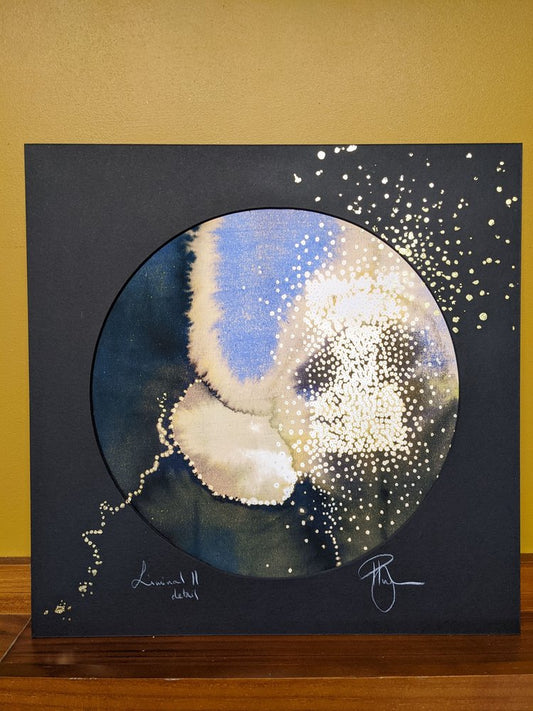 Liminal II | A celestial study on dark & light, an abstract painting questioning awe & wonder | Hand embellished circular print with embellished mount | By Hannah Pugh