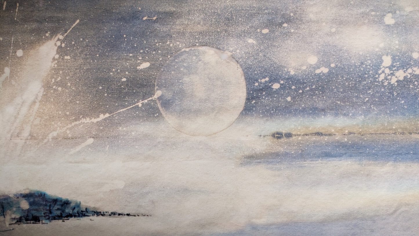 Water | A serene moon floats over the luminescent horizon of Elsewhere | Hand embellished print with silver marble leaf | By Hannah Pugh